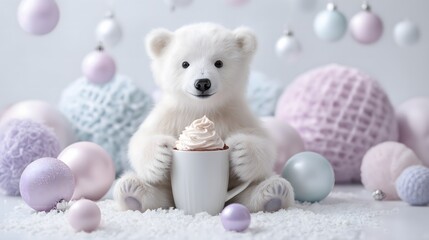 A cute baby polar bear plush toy holding a mug of hot chocolate, surrounded by pastel yarn balls and festive ornaments on a soft white surface.