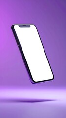 Modern iPhone 14 Pro Angled Upward, Blank White Screen Floating on Purple Gradient Background