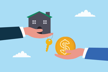 Vector illustration of hands exchanging a house and money coin, representing property buying, home selling, real estate investment, mortgage deal, and financial transaction in housing market
