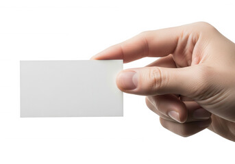 Hand holding blank white card isolated on a transparent background