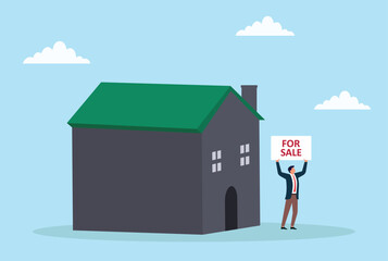Vector illustration of a businessman holding a for sale sign in front of a house, symbolizing property selling, real estate market opportunity, housing investment, and home sale promotion

