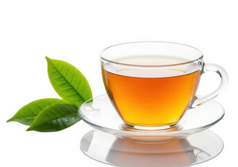 Clear cup amber beverage green leaves isolated on a transparent background