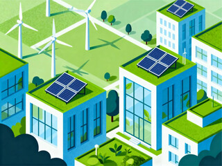 Naklejka premium Vibrant Eco-Friendly Cityscape Illustration Showcasing Green Urban Development with Renewable Solar and Wind Energy Technologies for Sustainable Living