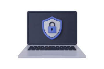 Laptop displaying a shield with a padlock representing digital security online safety on transparent background