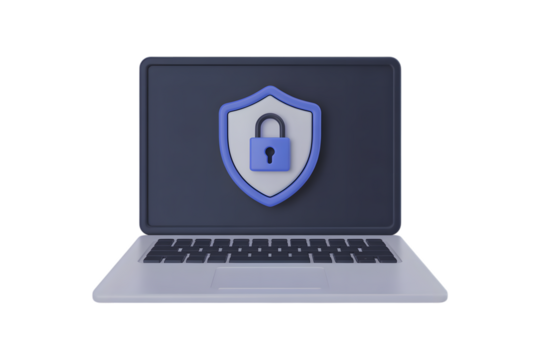 Laptop displaying a shield with a padlock representing digital security online safety on transparent background