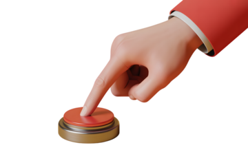 Finger about to press a red button for immediate action on transparent background