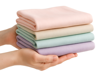 Hands holding stack of soft pastel colored folded towels isolated on transparent background