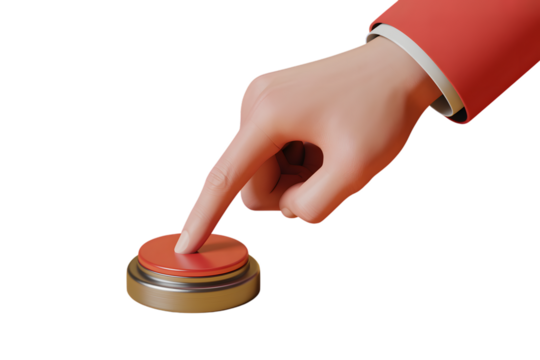 Finger about to press a red button for immediate action on transparent background
