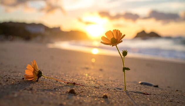 Two orange flowers on a sandy beach at sunset, with ocean waves