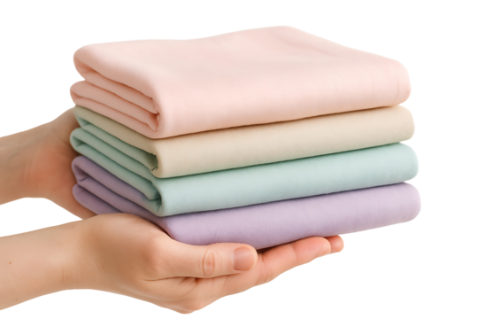 Hands holding stack of soft pastel colored folded towels isolated on transparent background