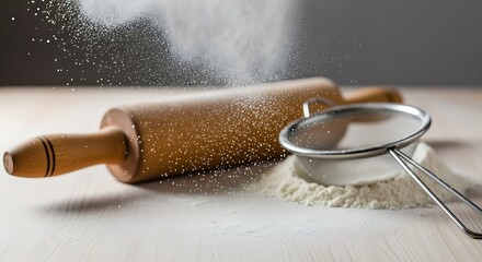 Baking preparations with rolling pin flour and sieve on wooden table