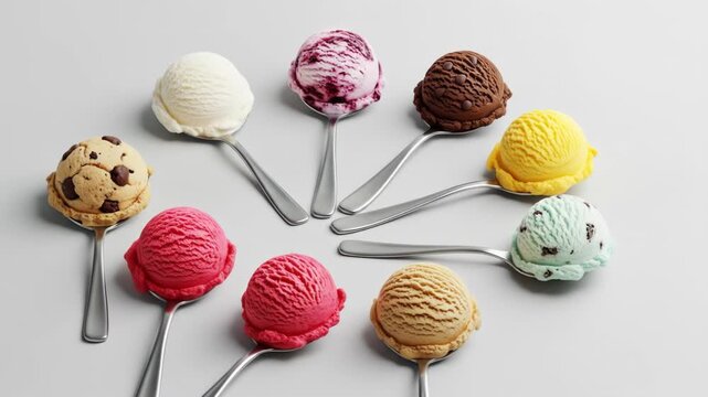 Assorted ice cream scoops, each atop a silver spoon, arranged in a radial pattern against a light grey background