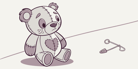 Sad teddy bear with broken heart sits alone with scattered toys