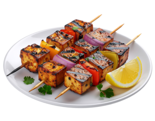 Grilled paneer tikka skewers display vegetables and marinated cheese served with a lemon wedge.