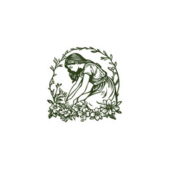 Beautiful vintage engraving illustration of a young girl kneeling and tending to a small flower, surrounded by an elegant floral wreath