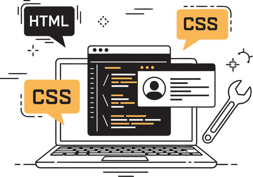 Modern web development concept with laptop, HTML, and CSS code - digital creativity and programming tools