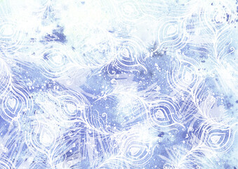 Watercolor winter background, hand-drawn, blue ice texture with feather patterns. A blue ice floe with patterns, feathers, and a stylish design background.