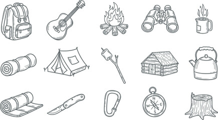 Fototapeta premium Essential hand-drawn camping and outdoor adventure icons - wilderness exploration and leisure