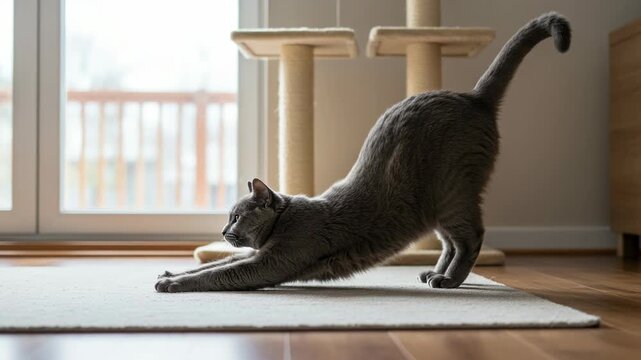 Grey cat stretching on a rug in front of a window