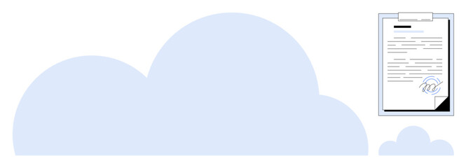 Large cloud shape with a clipboard and signed paper representing data storage, digital agreements, and paperwork. Ideal for document signing, cloud technology, business, legal agreements, file