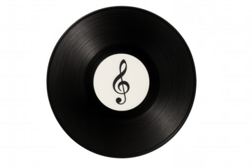 Vinyl record with treble clef symbol, representing music, sound, retro audio and vintage entertainment on transparent background