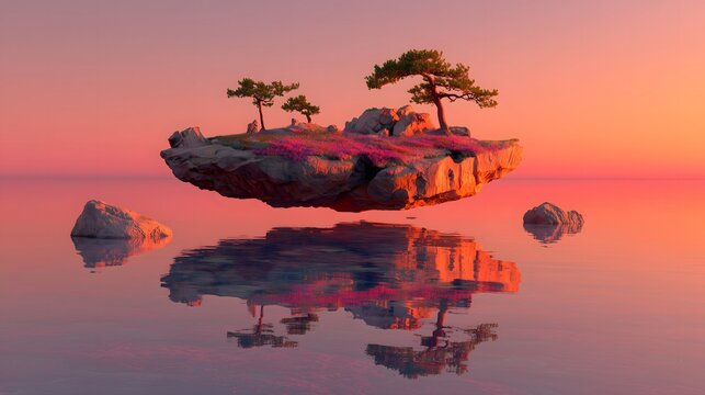 A serene floating island with trees and purple flowers reflected in calm water at sunset.