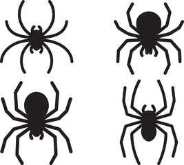 Four black silhouette spiders arranged in a grid on a white background