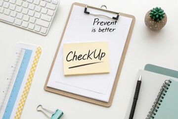 Prevent is better CheckUp text on clipboard with office supplies, healthcare and wellness concept