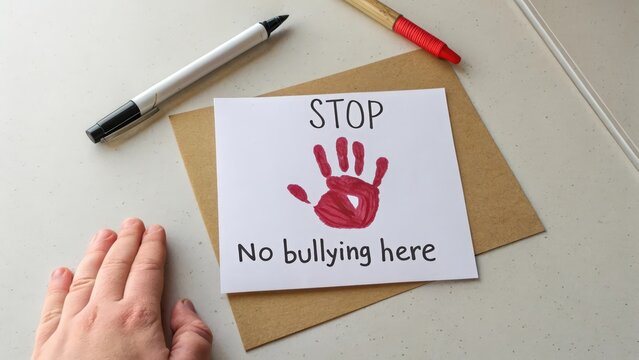 Stop no bullying here message with red handprint on white paper