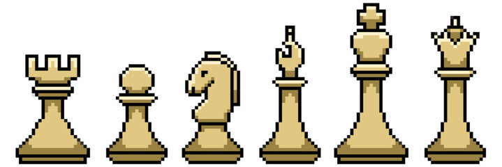 Set pixel chess piece icon vector. Ideal for strategy, game, and intellectual challenge themes. This digital graphic set is perfect for retro game or 8 bit