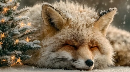Obraz premium A peaceful red fox sleeps soundly in the snow next to a small, illuminated Christmas tree.