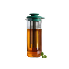 Glass Teapot with Amber Tea and Mint Leaves isolated on a transparent background