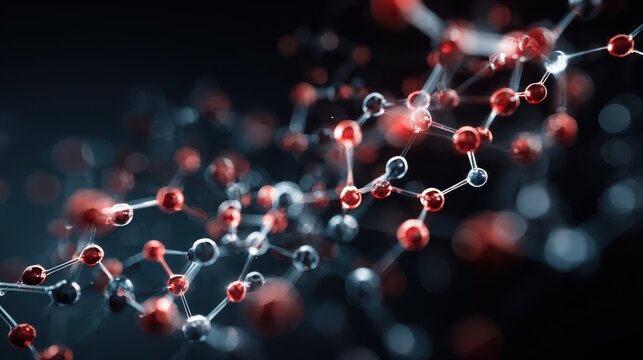 Molecules, 3D model. Atoms, chemical bonds, biomolecules molecular nano structure. Innovation in science, DNA, medicine, education. Chemistry science research, biology, pharmaceuticals biotechnology - Powered by Adobe