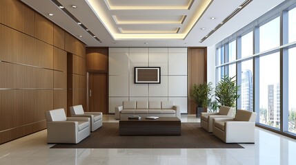 A modern office lobby featuring sleek furniture, wooden accents, and large windows, creating a bright and inviting atmosphere.