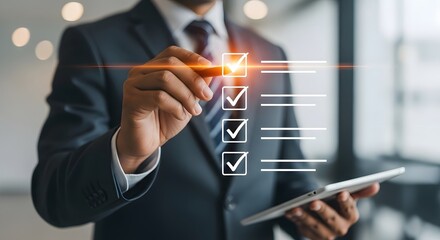 Professional businessman reviewing checklist on digital tablet in modern office, achieving goals with efficiency and precision, ensuring project success today