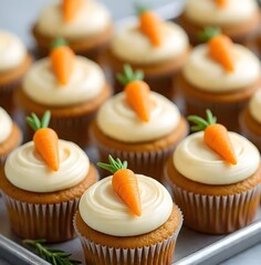 carrot cake cupcakes arranged neatly on a metal baking tray
