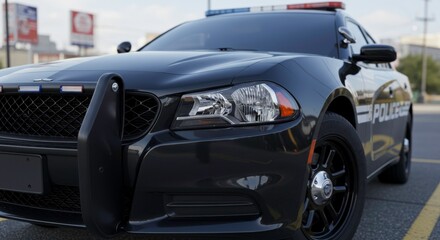 Fototapeta premium Detailed front side view of a modern black police car on patrol enhancing safety measures