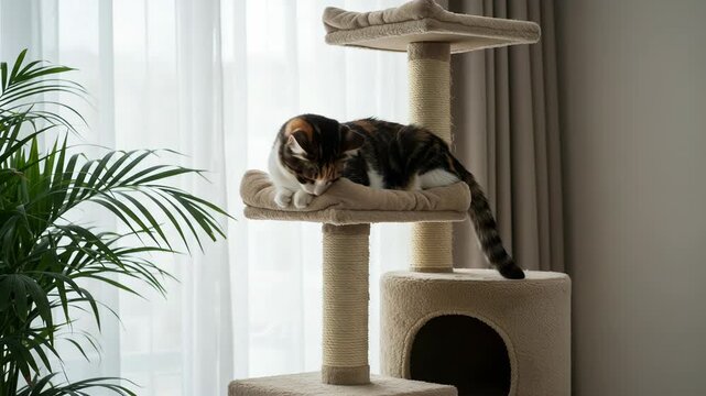 Calico cat resting on a multilevel cat tree indoors