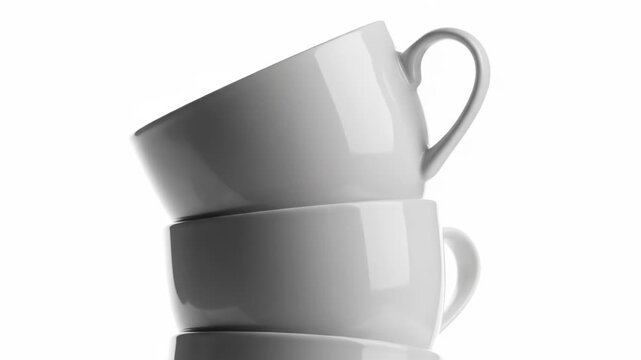 Stack of five white ceramic cups in a neat vertical arrangement on a white background