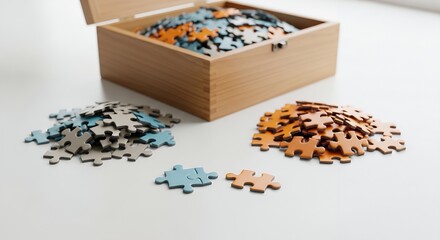 Obraz premium Two piles of colorful puzzle pieces (gray/blue and orange/yellow) separated on a white surface, with two pieces linking together in the foreground.
