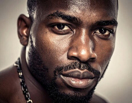 A close-up portrait of a man of African descent looking at the viewer