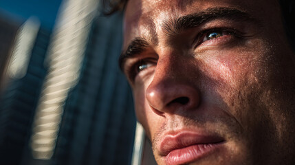 Face of a reflective young, good looking Cuban man leaning up against the building in urban an environment with modern downtown buildings