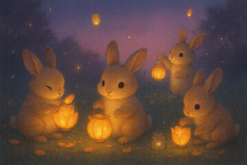 Adorable Rabbits with Glowing Lanterns at Twilight — Peaceful Magical Evening Scene