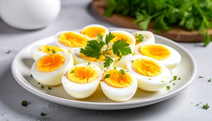 Plate of delicious, hard-boiled eggs garnished with fresh parsley