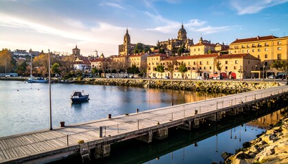 Obraz premium A coastal city view at dusk. A wooden pier extends into a calm water body, fronting buildings under a bright sky