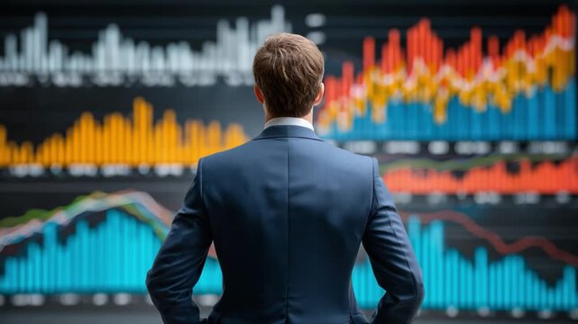 Strategic Analysis: A focused professional stands before a dynamic display of market data, engaged in critical financial analysis to identify trends and make informed decisions. 