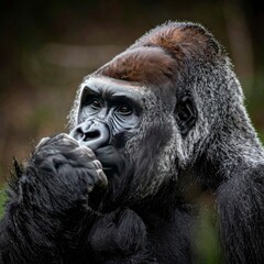 Obraz premium Contemplative Gorilla Portrait - A Moment of Reflection in the Wild.