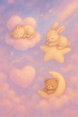 Cute Dreamland Scene — Kitten on Cloud, Bunny on Star, and Teddy Bear on Crescent Moon in Pastel Sky