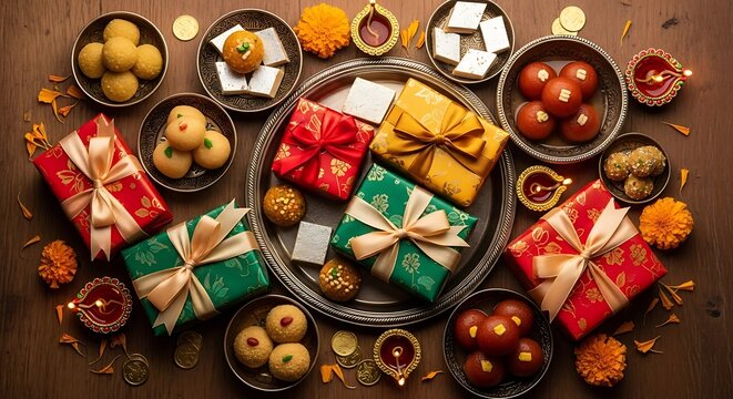 Diwali Gifts Sweets and Decorative Oil Lamps Traditional Celebration India Festive Food Abundance Tradition
