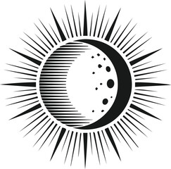 Magical black and white celestial design featuring a retro-style sun with sharp rays and a detailed crescent moon. Ideal for astrology, spiritual, tattoo, and vintage branding.